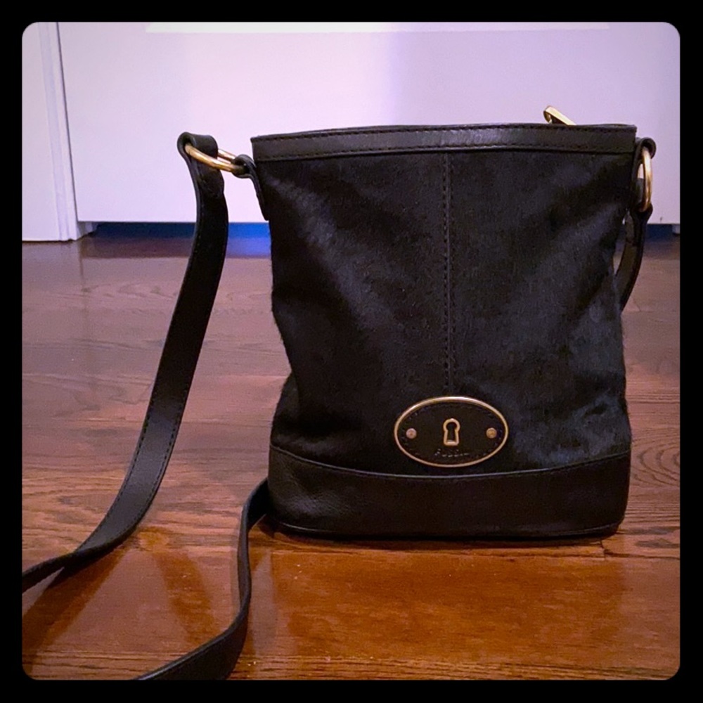 Fossil bag black and gold Leather with black fur